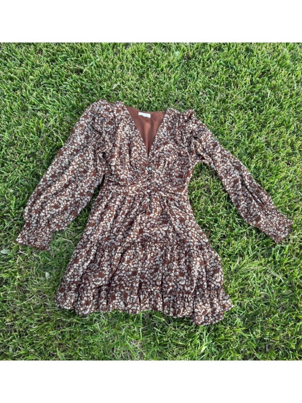 Altar'd State M Brown Floral Short Dress Ruffle Long Sleeve Women